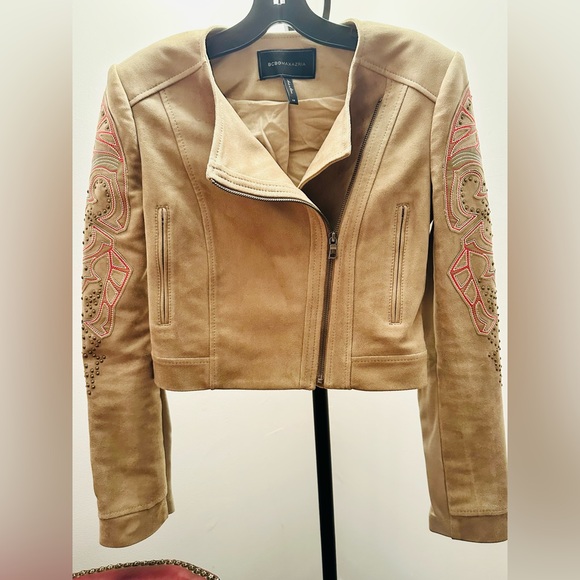 BCBGMAXAZRIA Nicholas Faux Suede Cropped Embroidered Moto Jacket, Size XS - Picture 2 of 14